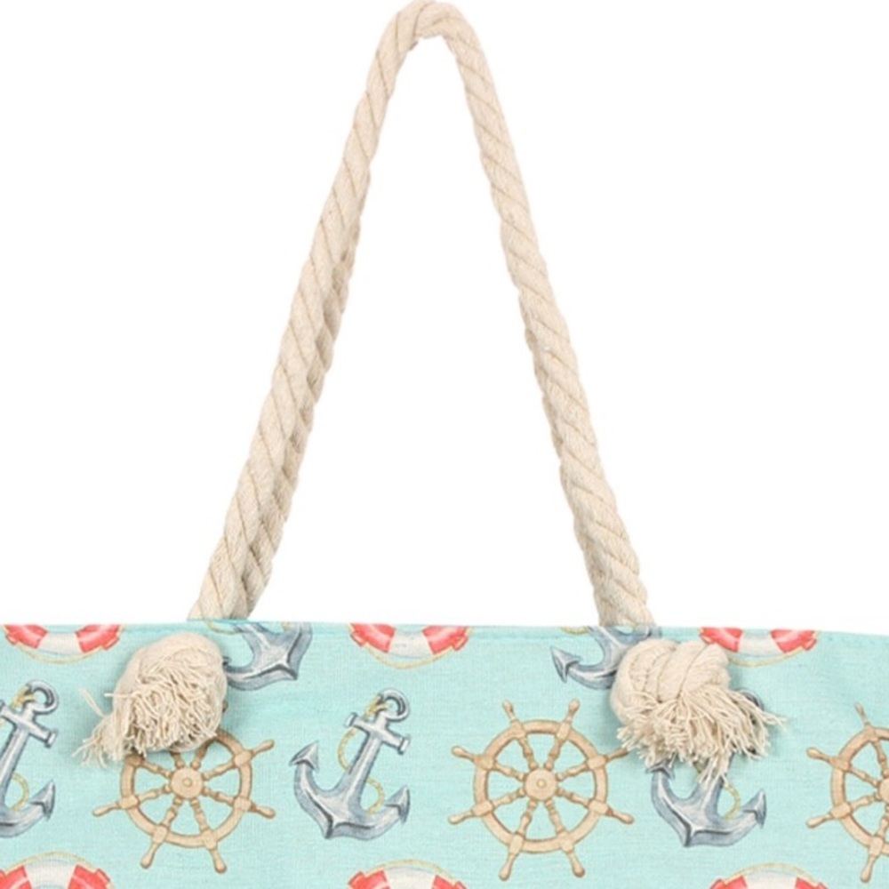 Blue Anchor Print Zipper Closure Beach Tote Bag - Picture 3 of 8